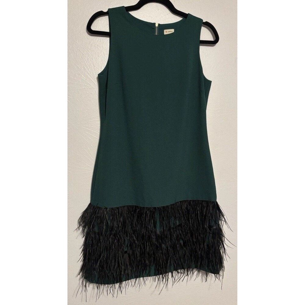 Cremieux Green Ostrich Feather‎ Trim Sheath Cocktail Dress Size 4 Sleeveless Zip